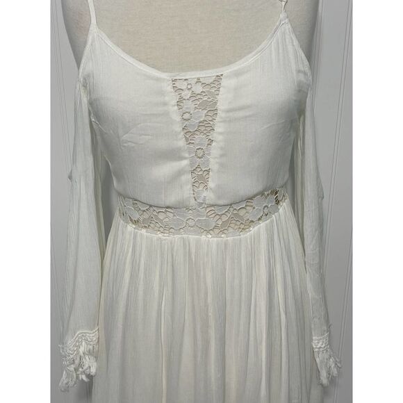 Raga Haley Dress Cold Shoulder Sheer Lace Frayed Mini Gypsy White Cutout Small - Picture 3 of 16